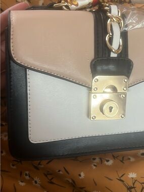 Tricolor Padlock Shoulder Bag - Black, White & Beige